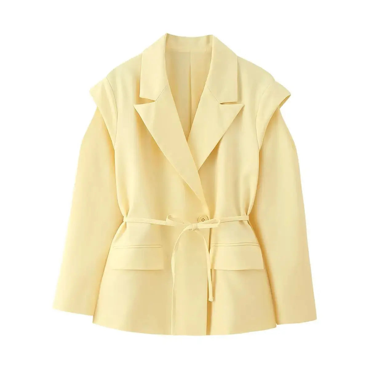 Model wearing the Floral Whisper Belted Jacket, highlighting its tailored fit and professional style.