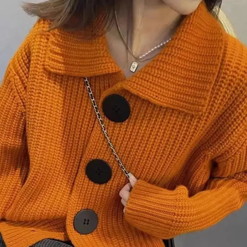Cozy Autumn Whisper Cardigan in soft cotton-polyester blend, perfect for chilly days.