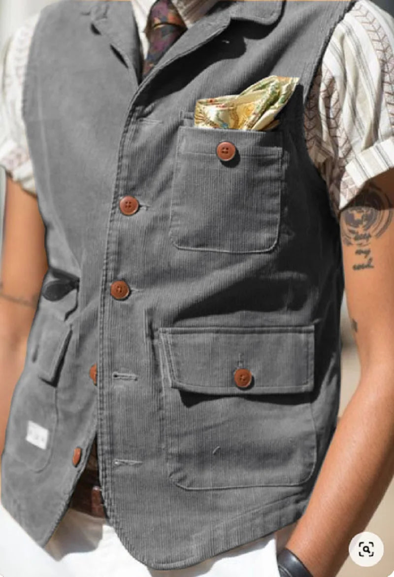 Side view of the corduroy vest emphasizing its contemporary cut.