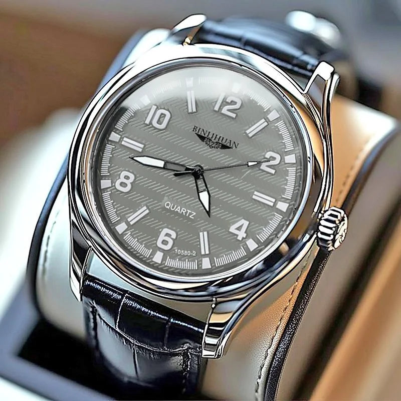 Close-up of a sophisticated watch with a crisp leather band and durable alloy case.