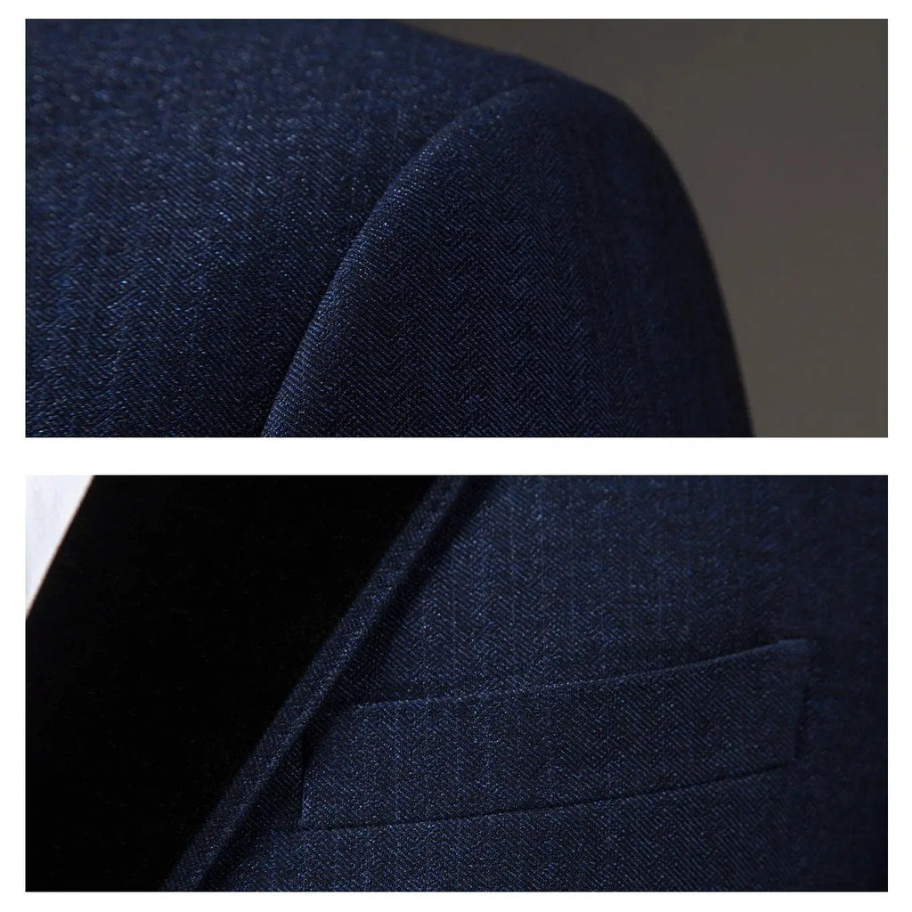 Full view of the navy suit, perfect for weddings and business meetings.
