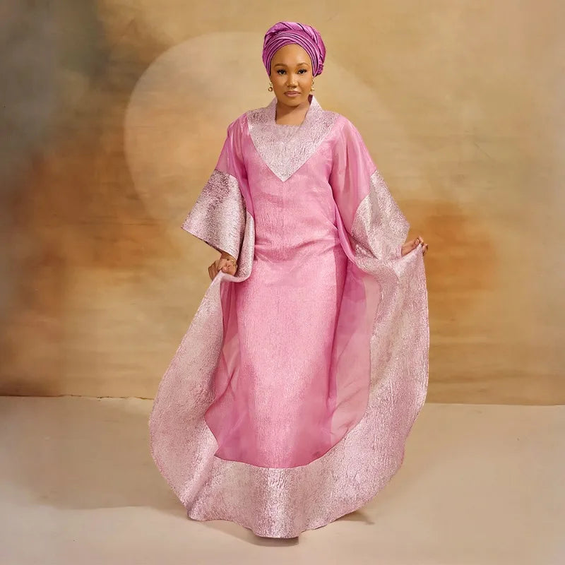 Lightweight pink jacquard robe with matching headscarf showing detailed tatting craft texture