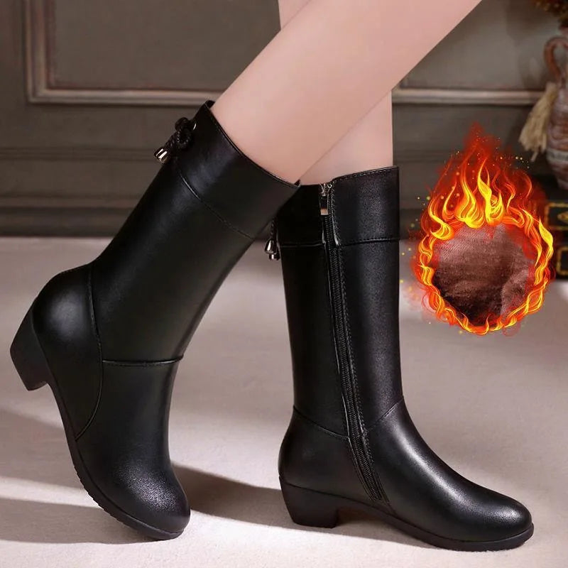 Winter Stride plush-lined leather mid-calf boots in brown with side zipper and square heel