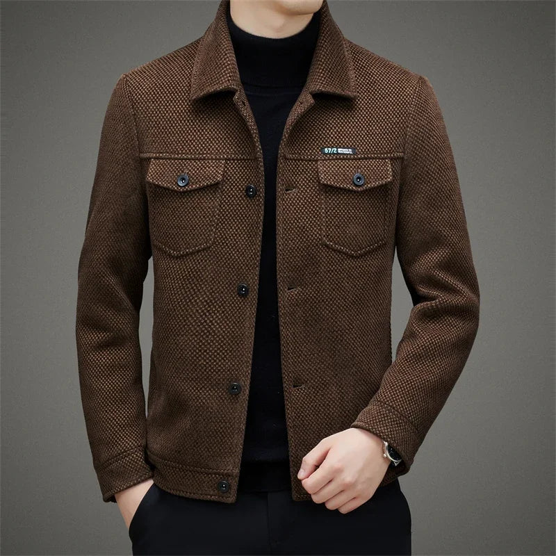 Autumn Whisper coat in rich brown, featuring a classic lapel design and luxurious polyester lining.
