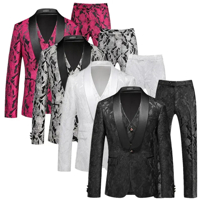 Luxury 3-piece jacquard suit in rich fabric, perfect for formal events.