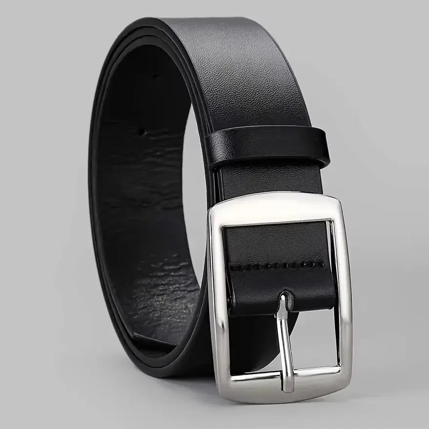 Stylish unisex leather belt displayed on a casual outfit with denim.
