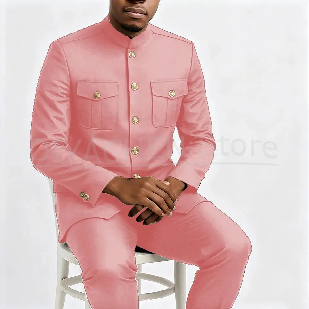 Elegant tailored suit in deep navy, designed for professional settings.