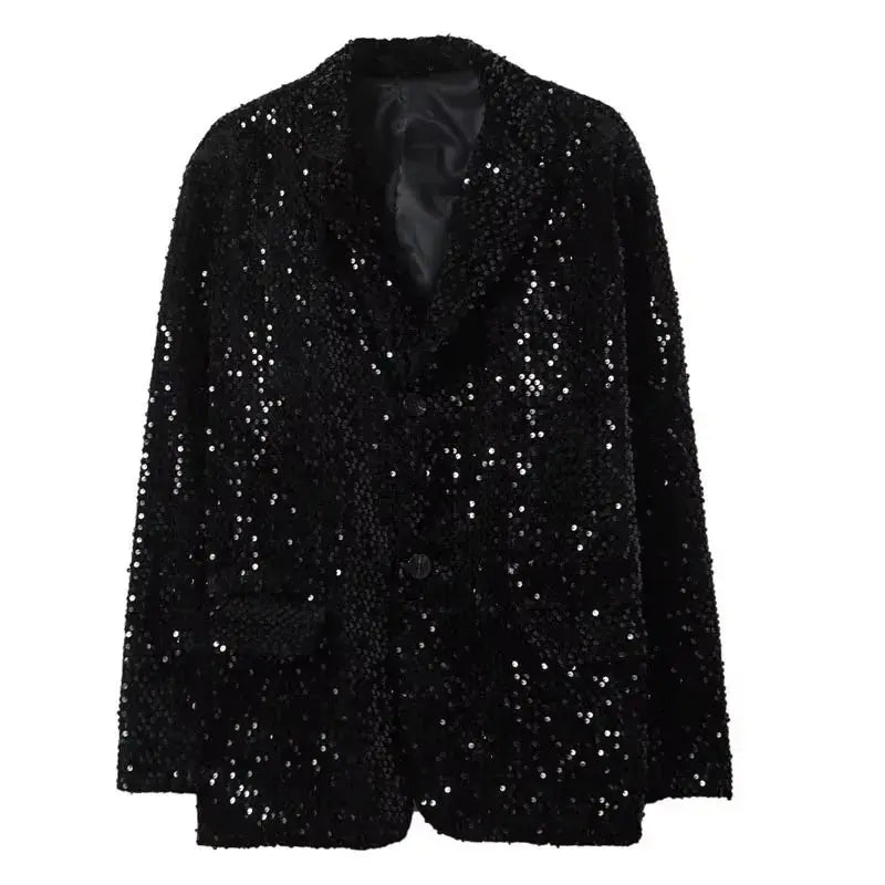 Stylish black sequin blazer with two-button closure, a bold fashion statement.