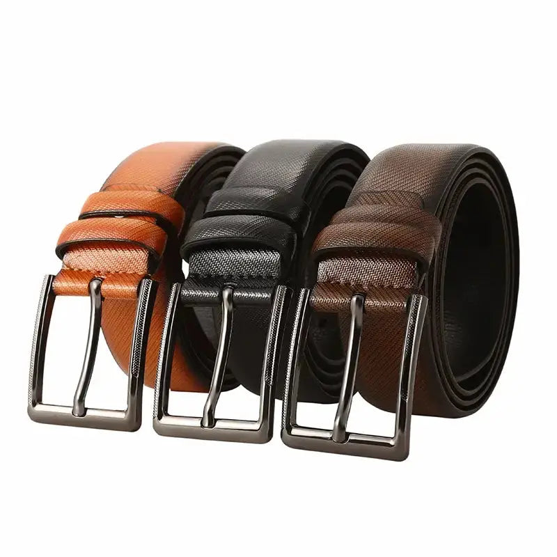 Sleek black PU leather belt with polished pin buckle for a sharp look.