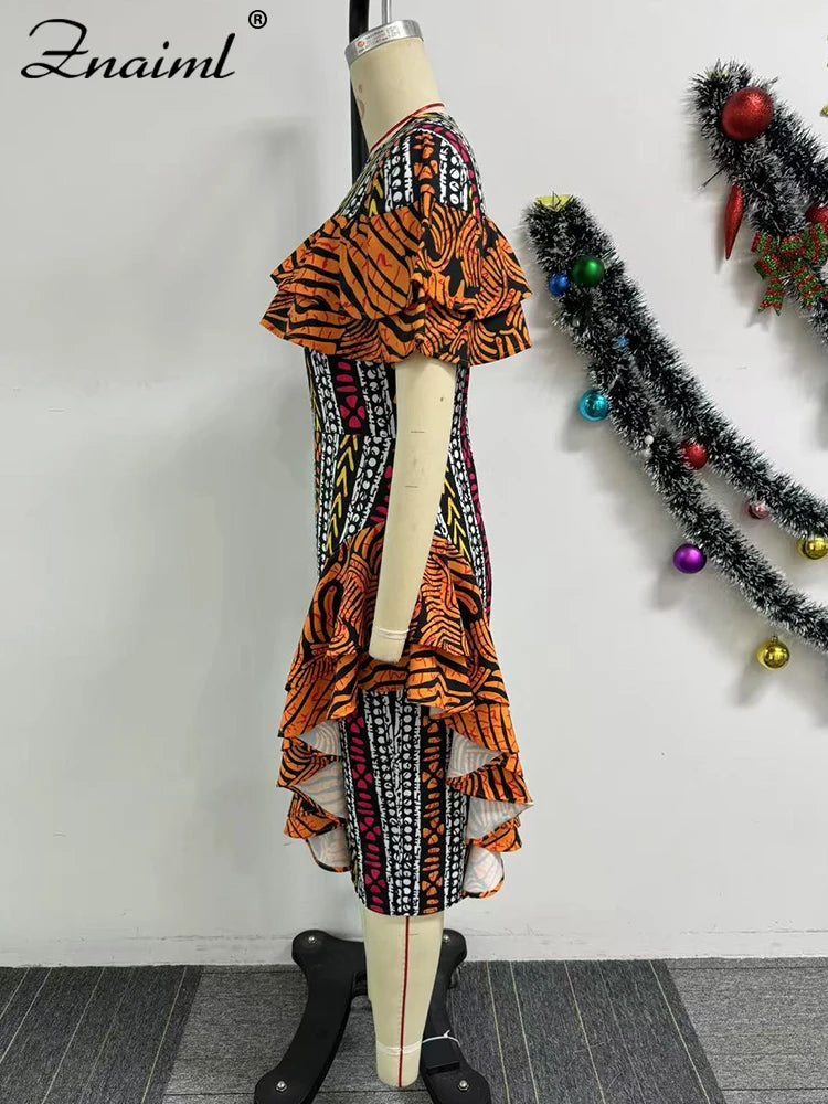 African Festival Print Ruffles Bodycon Midi Dress