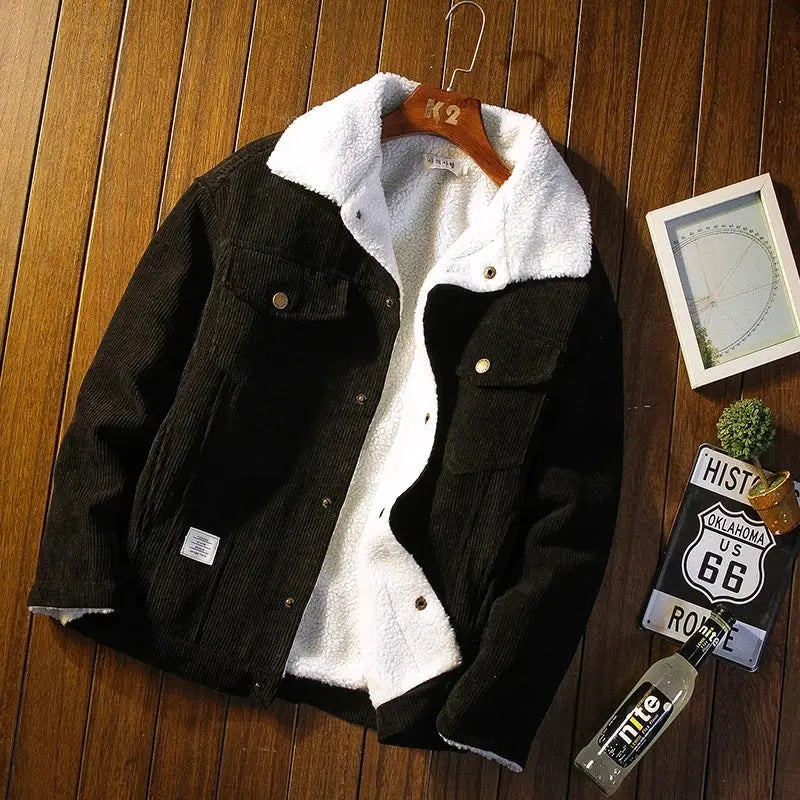 Close-up of the thick corduroy fabric showcasing texture and durability of Winter's Embrace jacket.
