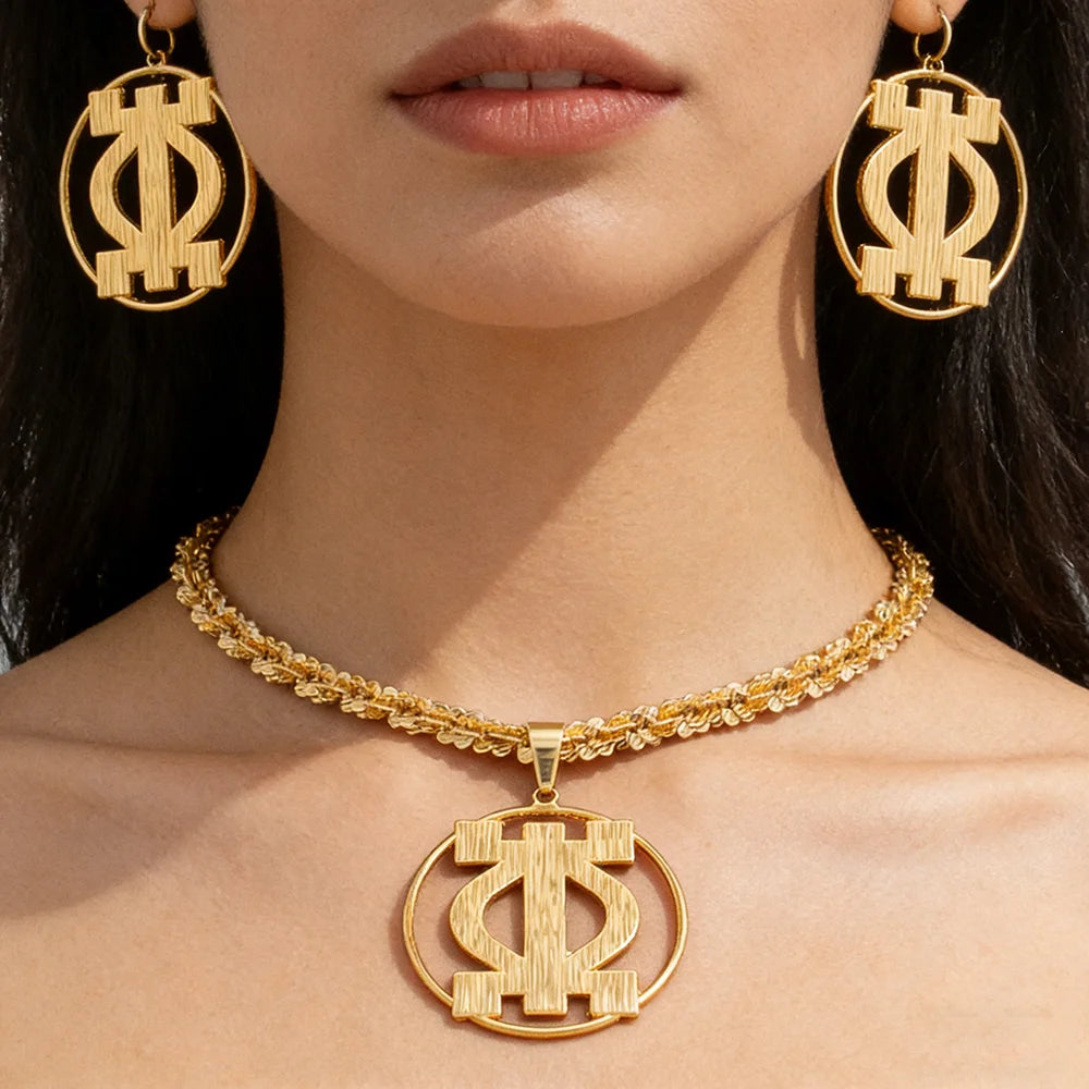 African Gold Clip Earrings, Round Bracelet & Necklace 4PCS Jewelry Set