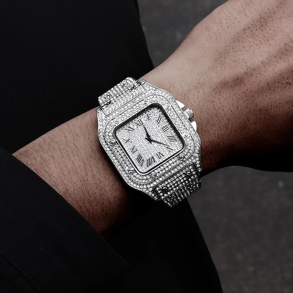 Stylish men's watch with subtle rhinestones reflecting light elegantly.
