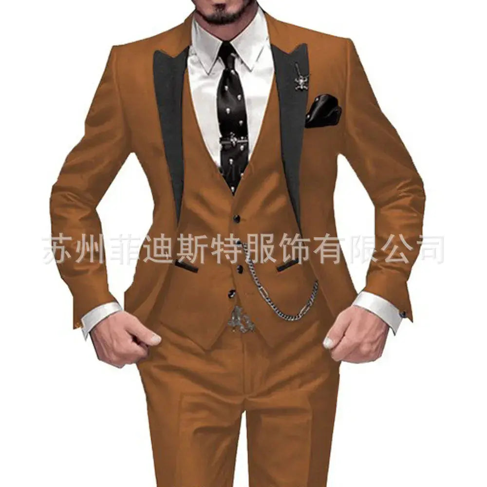 Elegant three-piece suit set featuring a tailored vest and sleek trousers.