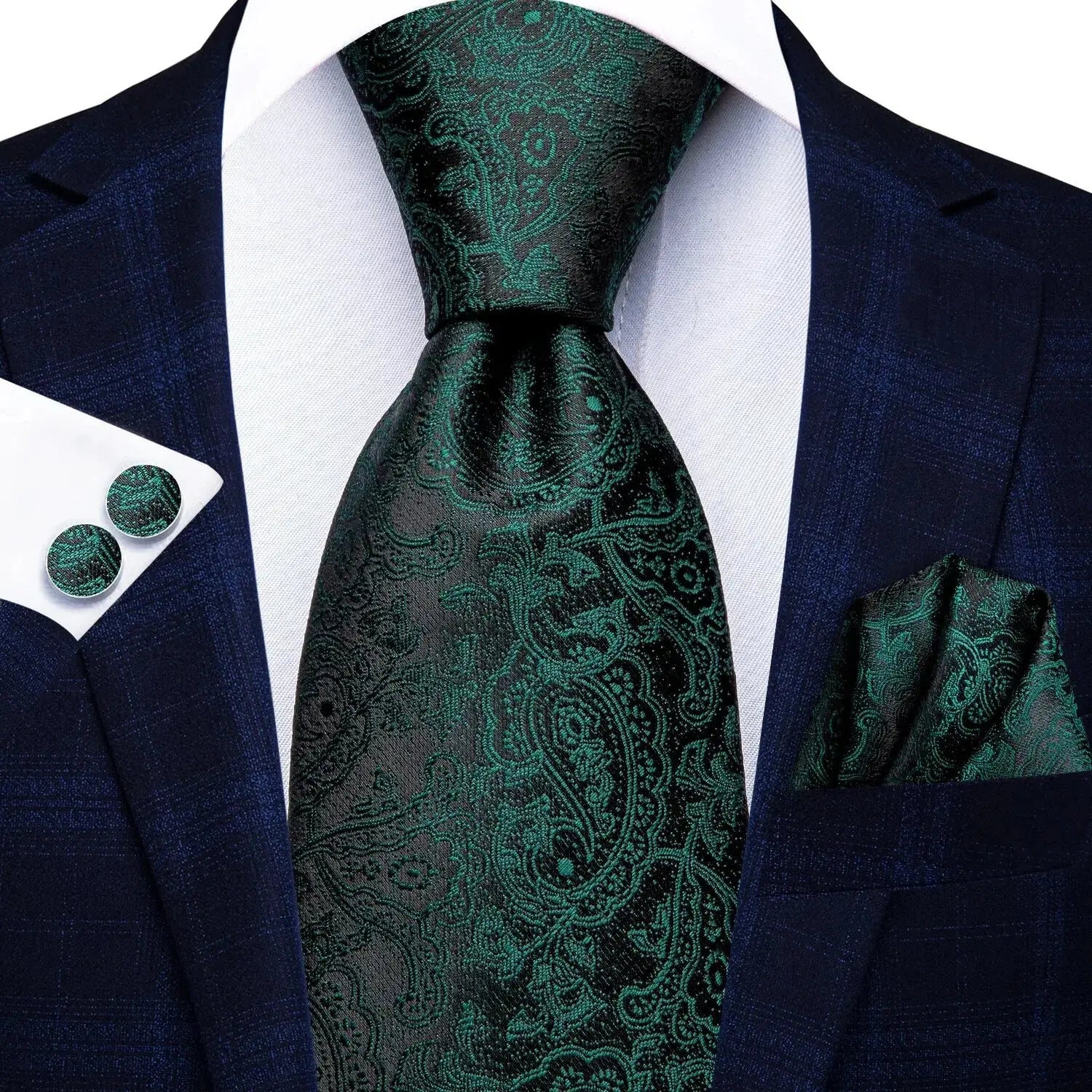 Silk tie set arranged with cufflinks and handkerchief for a polished look.