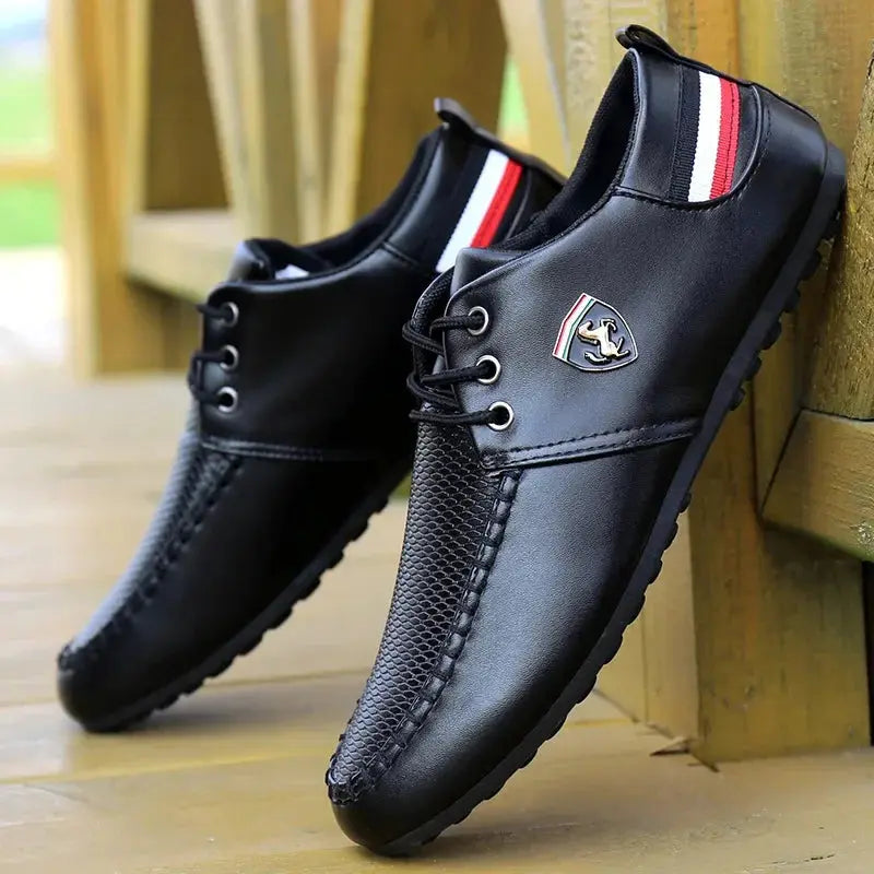Urban Glide Loafers on a cobblestone street, ideal for casual outings and professional settings.