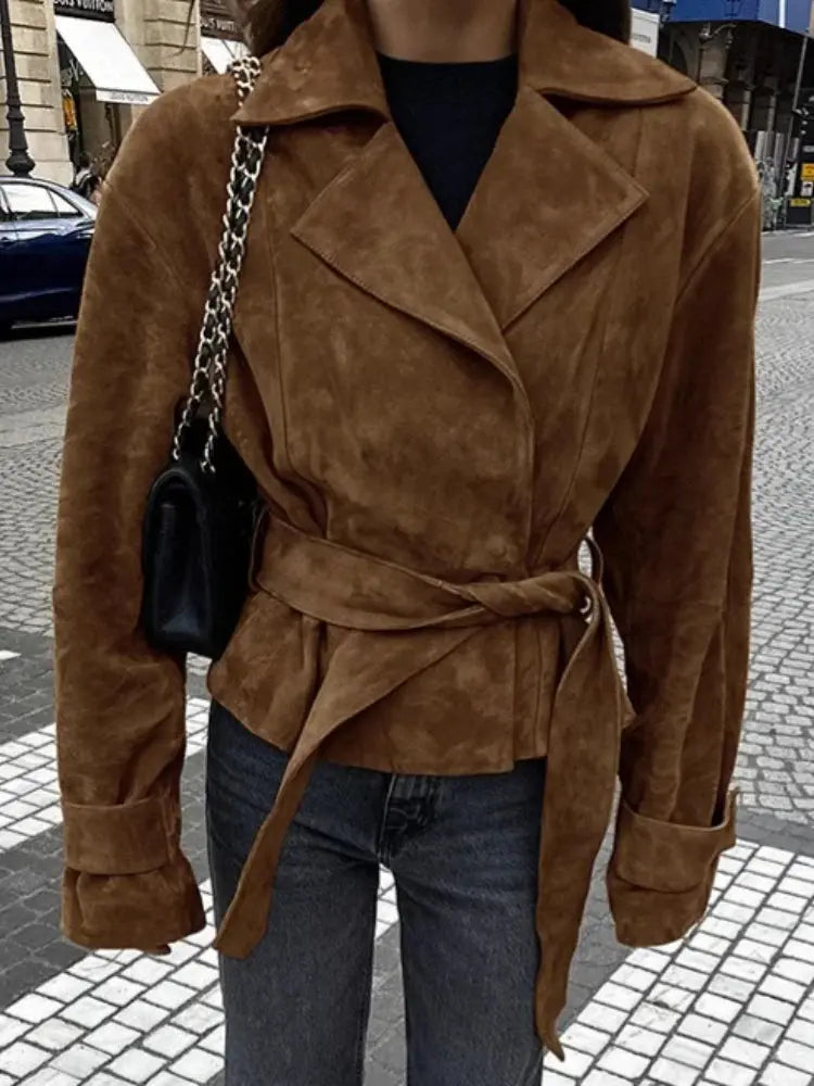 French suede double-breasted jacket in rich autumn hue, perfect for elegant fall fashion.