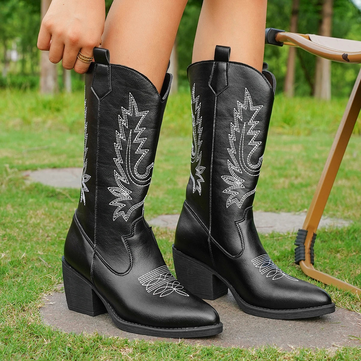 Embroidered leather western boots featuring traditional cowboy styling and modern comfort design