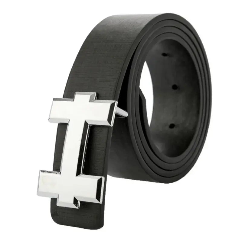 Sleek black I-Buckle belt made of high-quality PU leather with a unique I-shaped buckle.