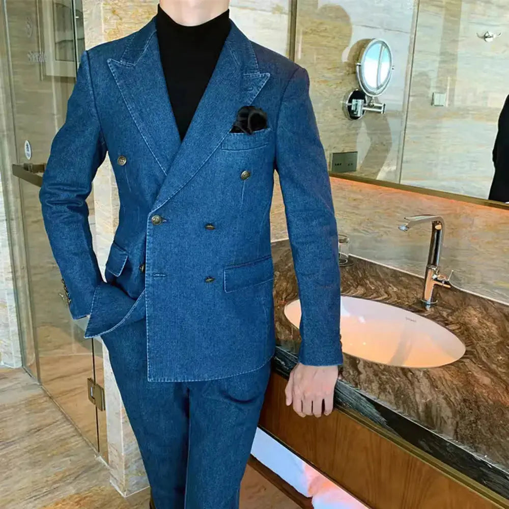 Full view of the denim suit, demonstrating its versatility for semi-formal and smart casual occasions.