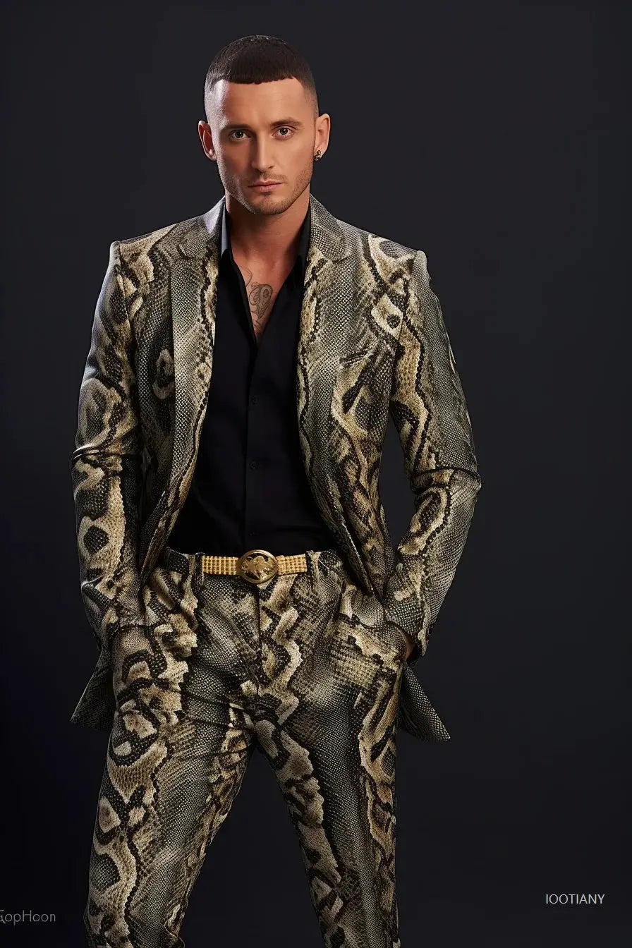 Stage-ready lizard-scale print suit with button-front jacket and matching pants in eye-catching reptilian pattern