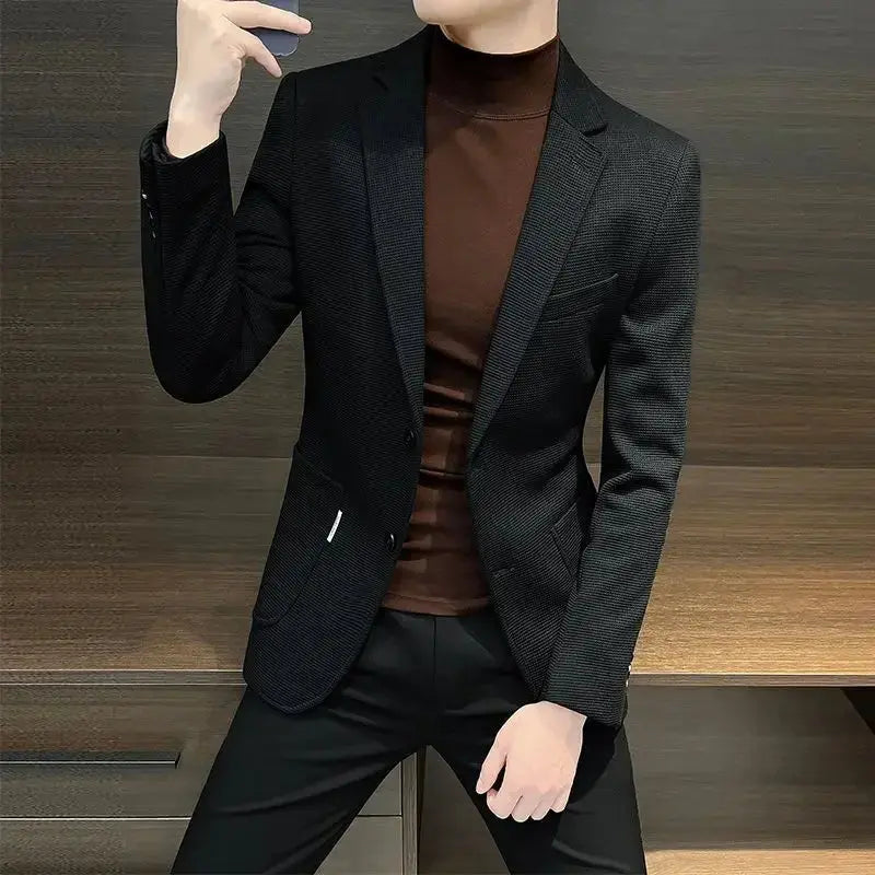 Versatile navy blazer paired with casual and formal attire, ideal for spring wardrobe essentials.