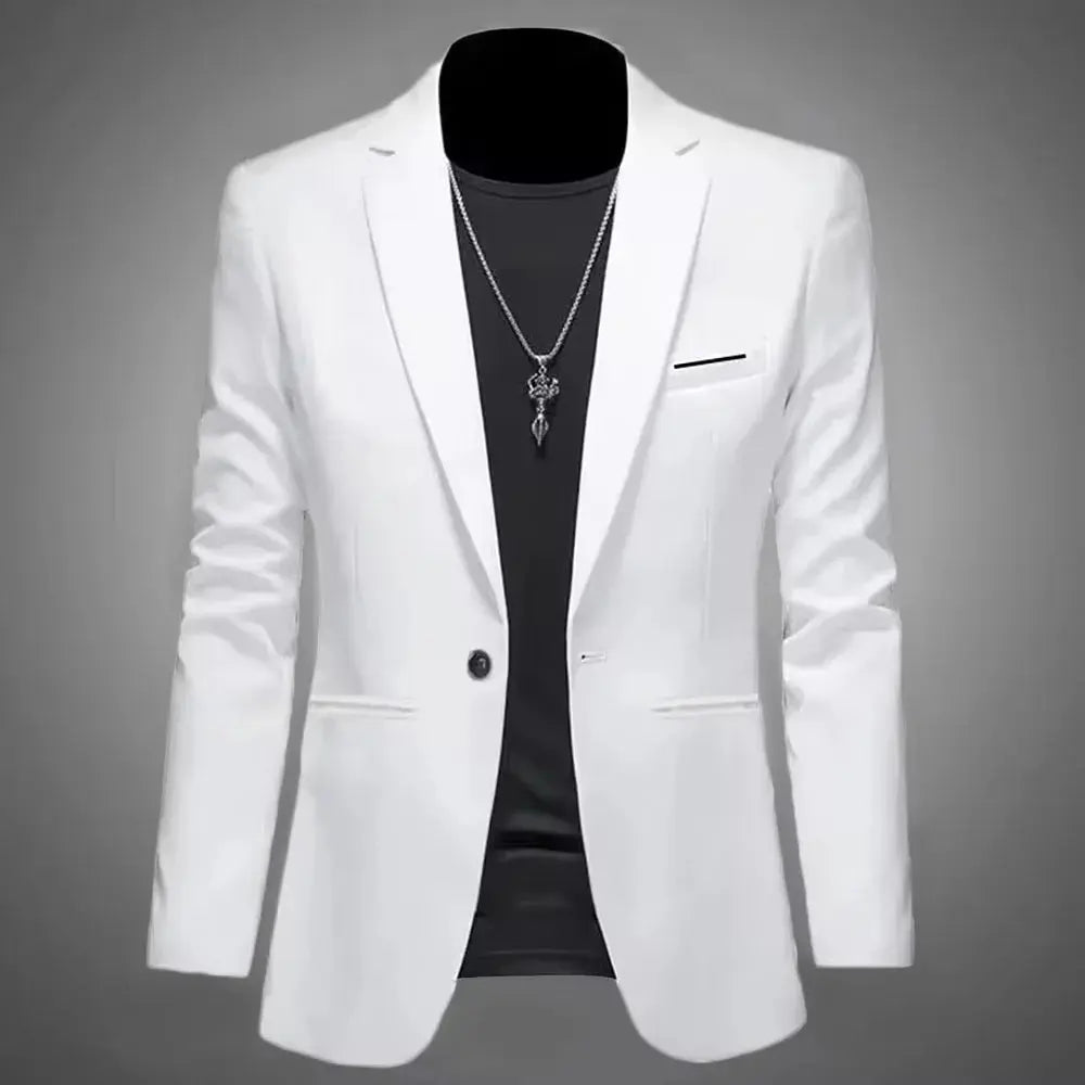 Close-up of the single button closure on the Command the Room Blazer.