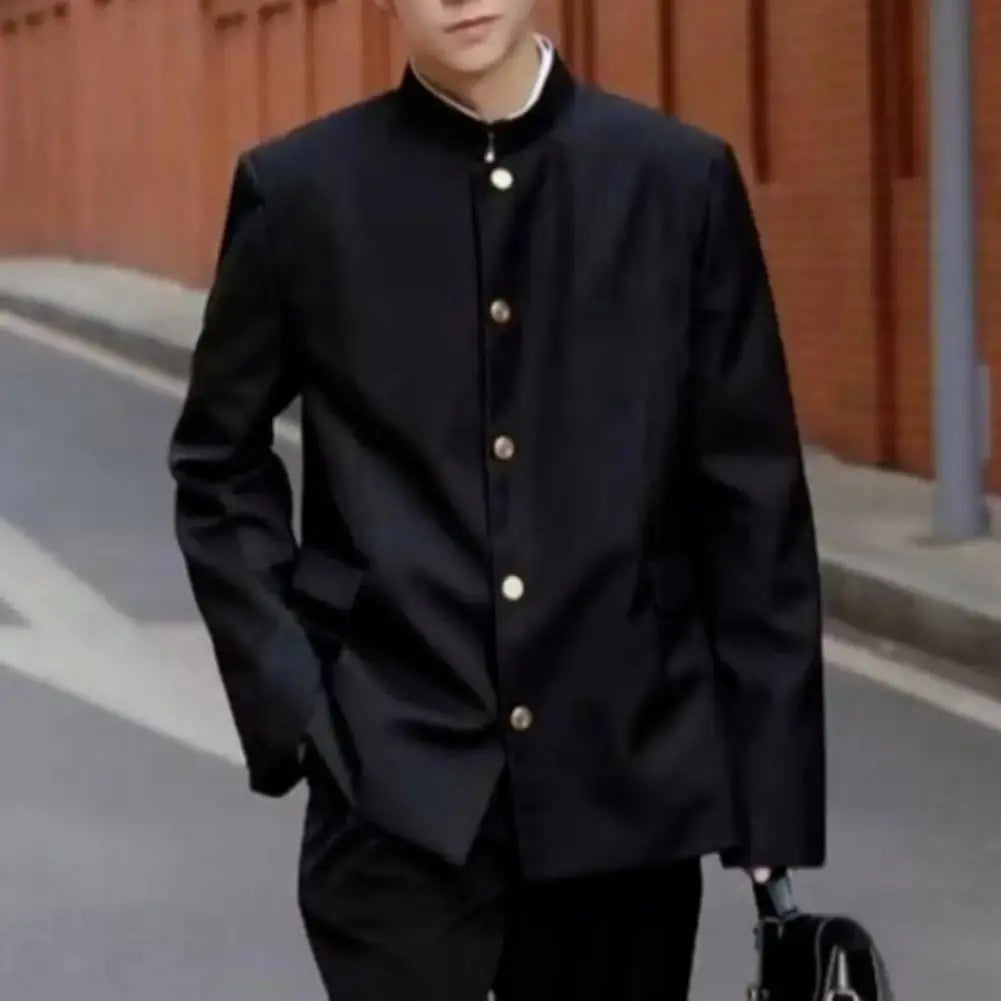 Modern tunic blazer in sleek black with stand-up collar for a sophisticated look.