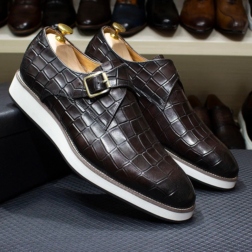 Handmade black monk strap leather shoes with crocodile embossed pattern and double buckle closure
