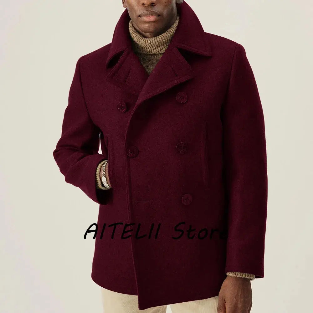 Back view of the double-breasted winter coat, highlighting its tailored fit.