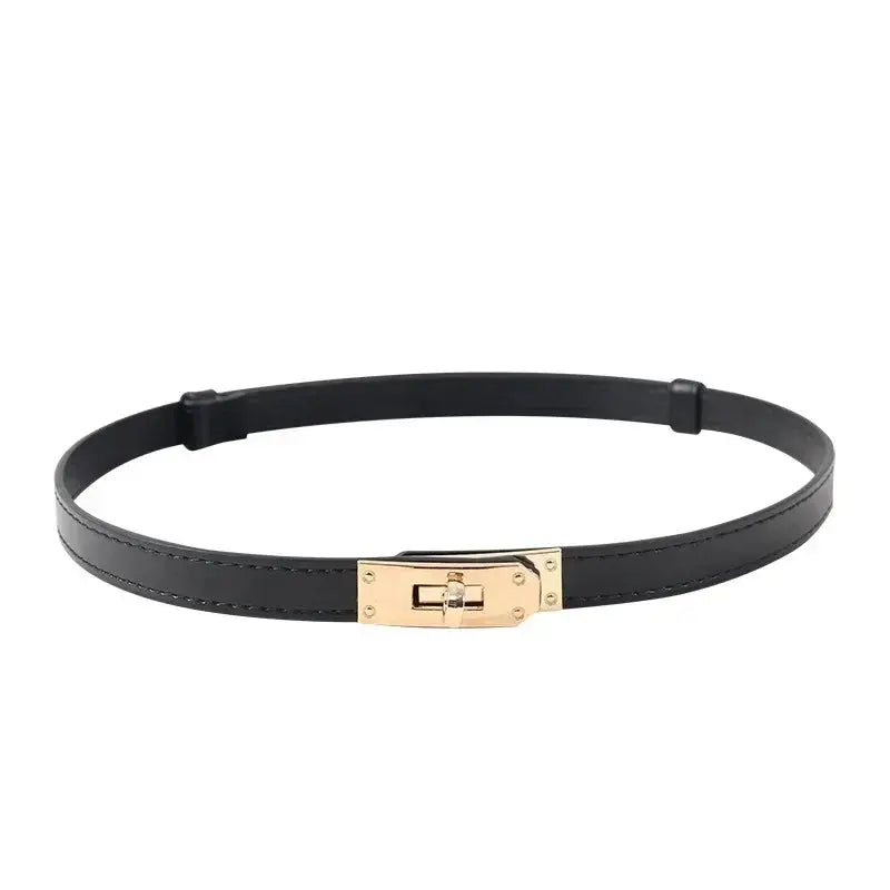 Close-up of the adjustable Whisper of Elegance Belt showcasing its sleek design and sophisticated faux leather.