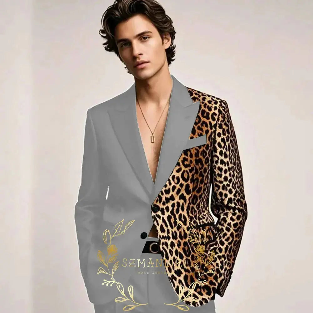 Modern slim fit tuxedo showcasing dramatic leopard print peak lapel styling