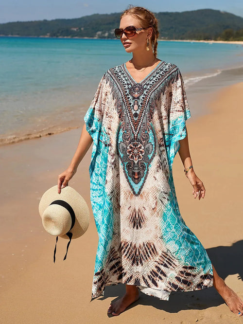 Breeze Whisper Kaftan in light fabric, featuring a V-neck and side slits for stylish summer wear.