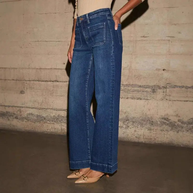 Close-up of Retro Chic Jeans showcasing durable cotton-polyester blend fabric and stylish button-fly closure.