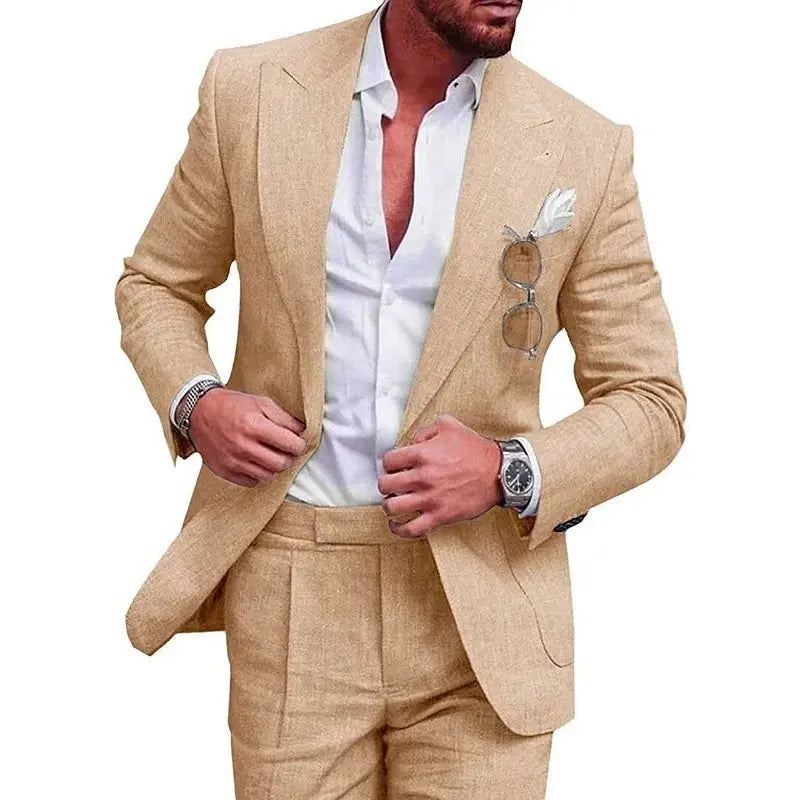 Elegant outdoor attire: men's linen suit designed for beach bliss.