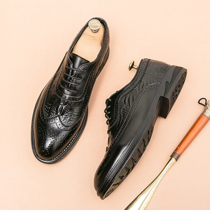 Side view of men's leather brogue shoes displaying elegant wingtip styling and cushioned insole