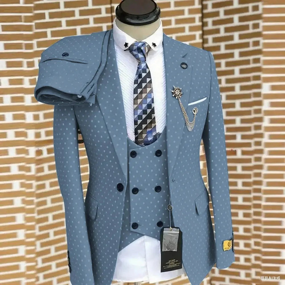 Navy blue suit laid flat, emphasizing its versatile and timeless design.