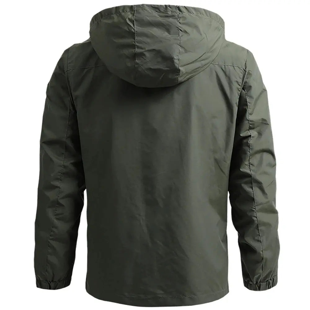 Detachable hood on a tactical windbreaker, perfect for adaptable outdoor adventures.