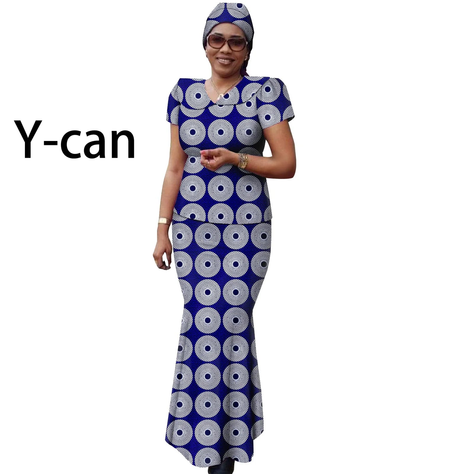 African Women Ankara Print Doll Collar Top, Skirt & Headscarf 3-Piece Set