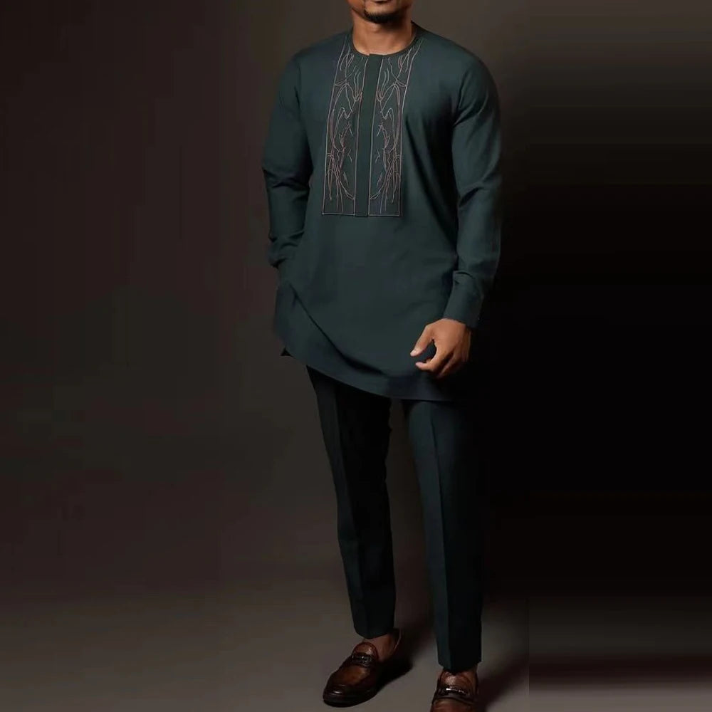 Men's African Kaftan 2-Piece Set – Long Sleeve Blouse & Pants
