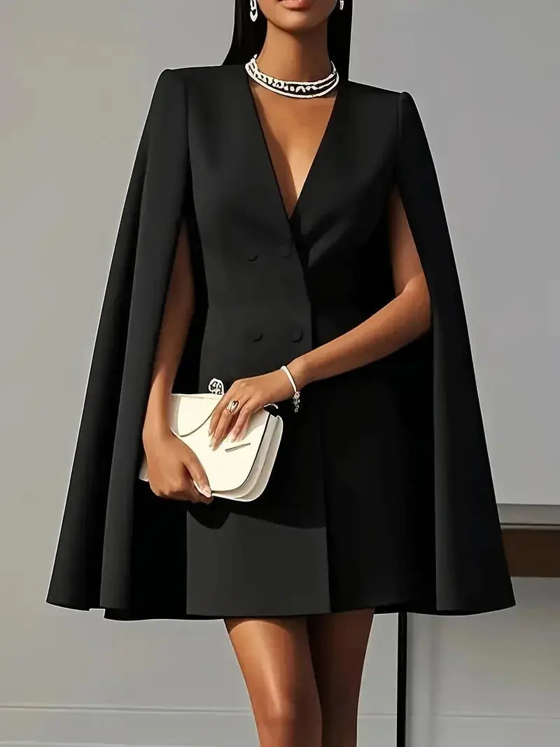 Model wearing a loose-fit black cloak blazer, showcasing its elegant V-neck cut.