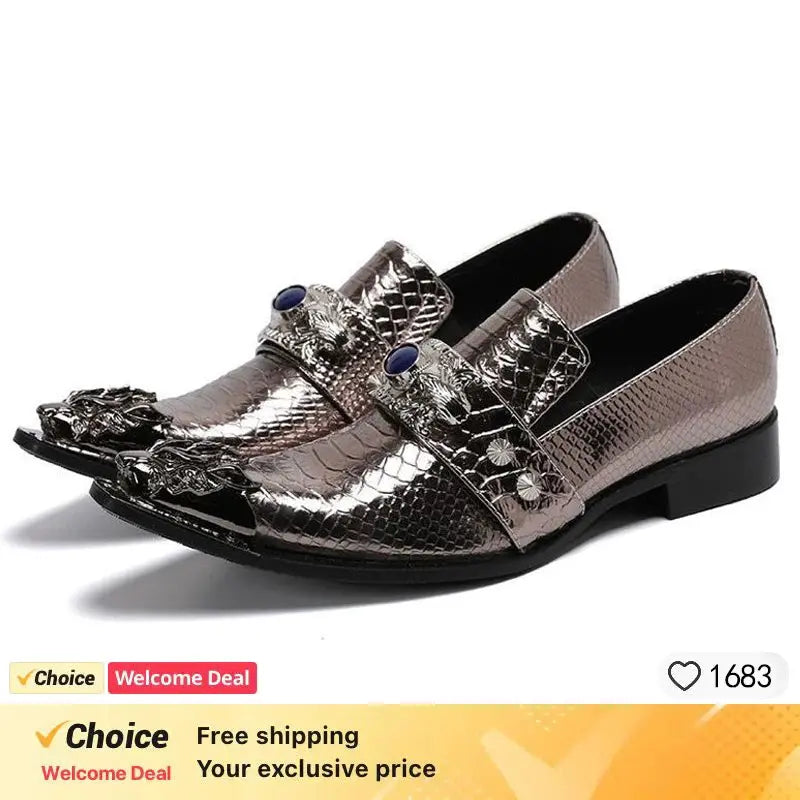 Luxury leather dress shoes with metallic finish, metal decoration, and durable construction