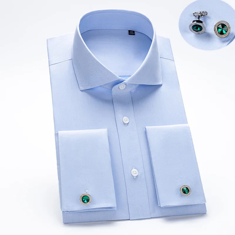 Professional wearing white French cuff shirt with suit jacket in office environment