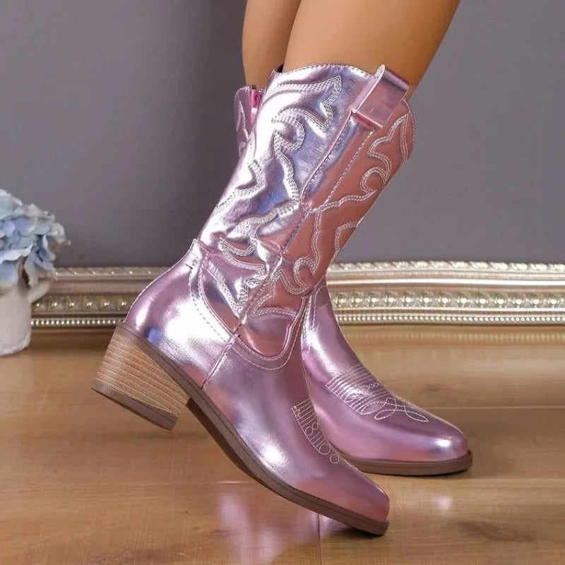 Mid-calf slip-on cowboy boots with intricate stitching and medium square heel