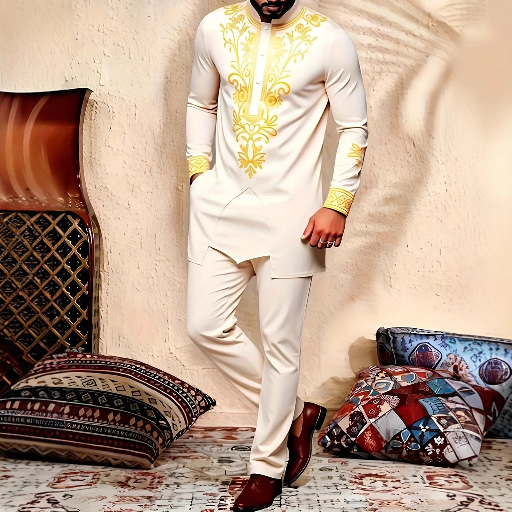 Casual Versatile Muslim African Men Wedding Suit 2 Piece Set Round Neck Long Sleeve Outfit