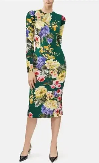 Model posing in the Midnight Floral Silk Dress at a spring evening event, radiating confidence.