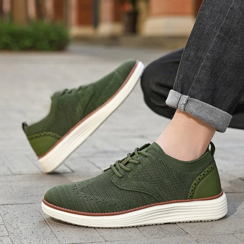 Close-up of breathable mesh upper on Stride Easy sneakers showing ventilated construction
