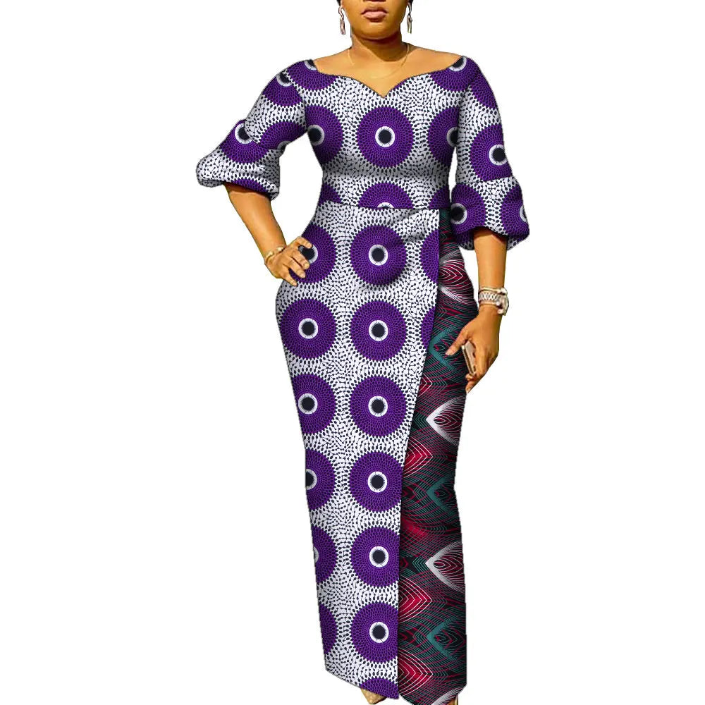 African Dresses for Women Patchwork Ankara Dress Lantern Sleeves Maxi Dress Women Party Dress Lady African Clothes WY9937