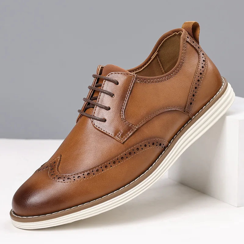 Black PU leather oxfords with a sleek pointed toe for modern gentlemen.