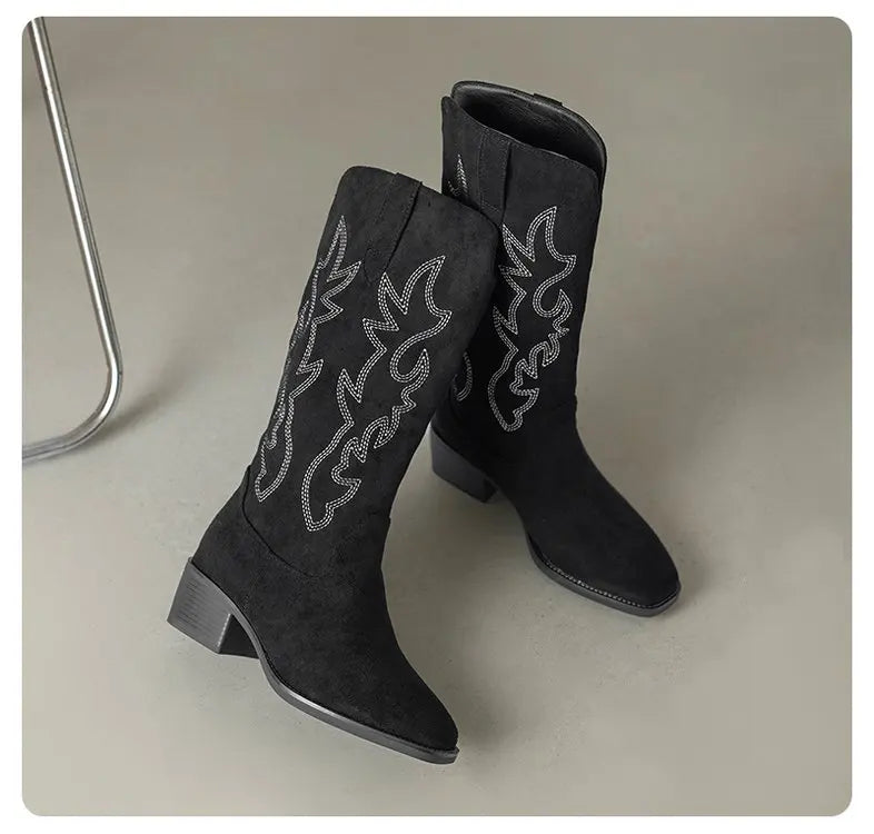 Pair of slip-on cowboy boots with colorful artisan embroidery
